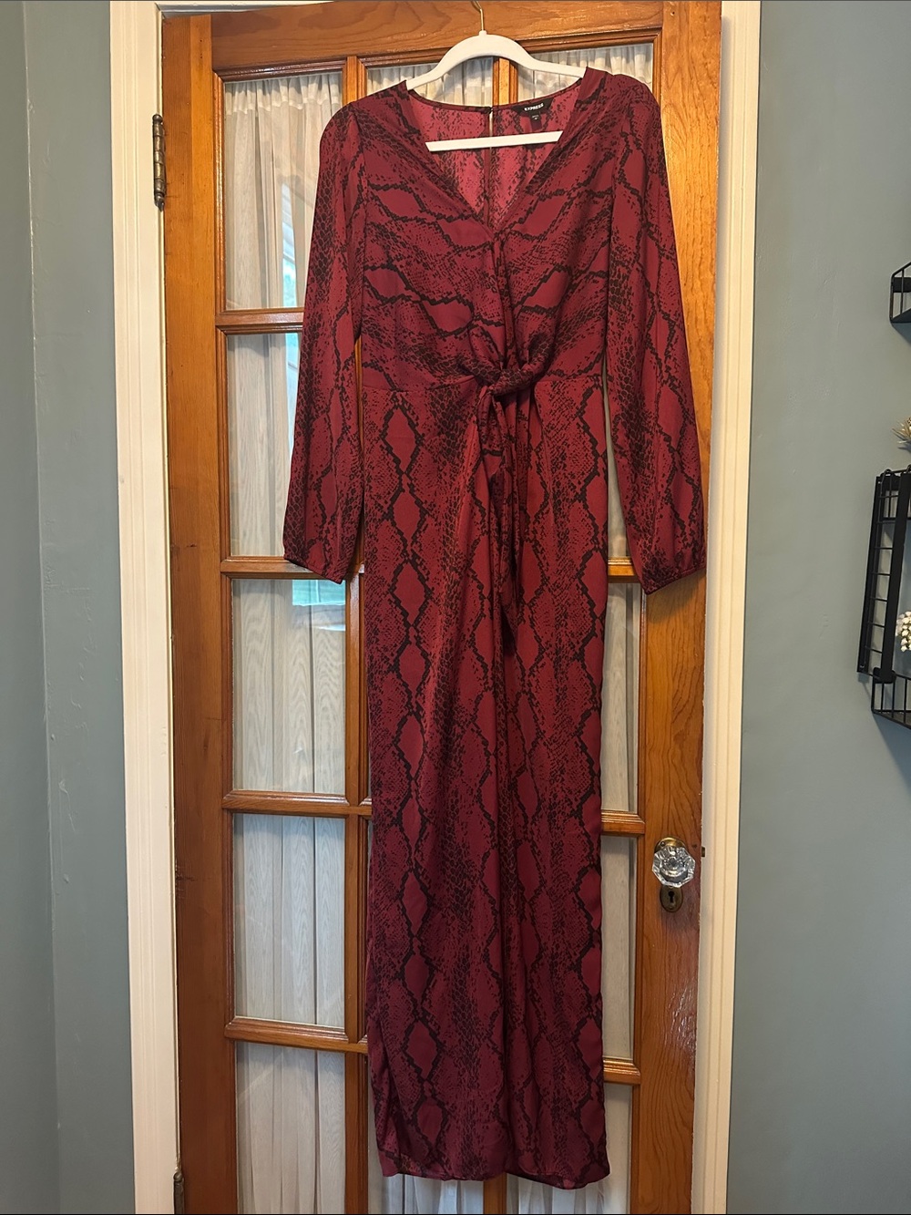 Express Maroon Snake-Print Long-Sleeve Jumpsuit